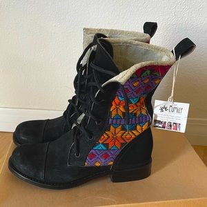 Lumily - Black Suede Leather Huipil Lace-up Boots - 37 / 7 - new - fair trade
